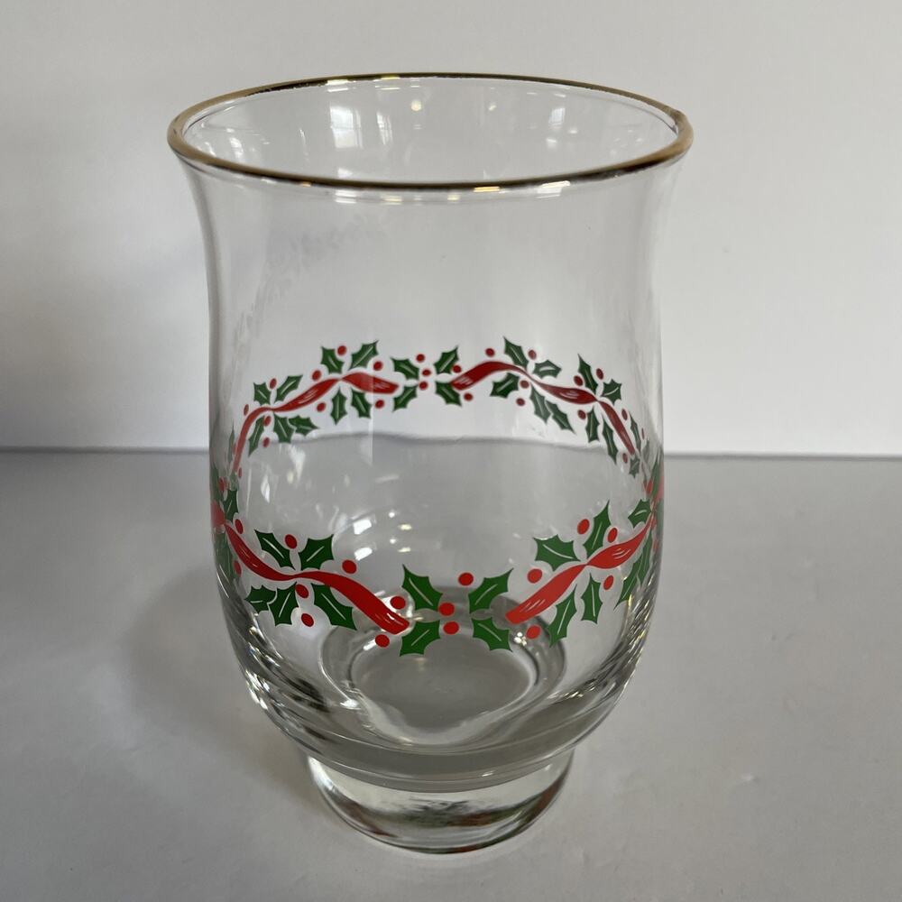 Vintage Libby Christmas Holly & Ribbon Glass With Decorative Gold Rim